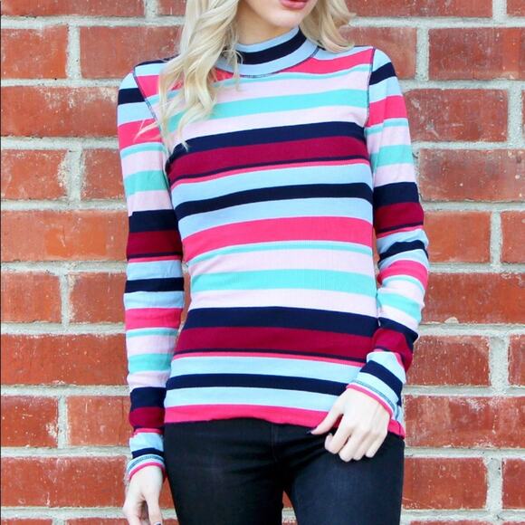 Striped Ribbed Top Mock Neck Stretch - Picture 1 of 7